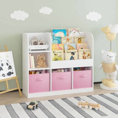 Runesay Kids Bookcase and Bookshelf, Multifunctional Bookcase with 3 Collapsible Fabric Drawers