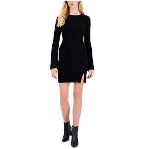 Hippie Rose Womens Ribbed Side Slit Sweater Dress, Black, Large - 1 of 1