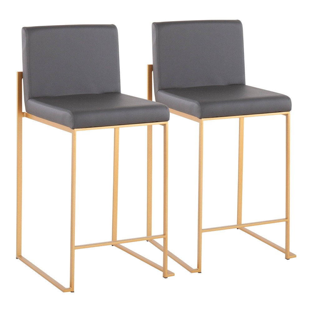 Set of 2 Fuji High Back Stainless Steel/Faux Leather Counter Height Barstools with Gold Legs Gray - LumiSource: Upholstered, 250lb Capacity