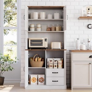 Stylish Kitchen Pantry Cabinet with Microwave Stand, Tall Hutch with Drawers & Shelves, Perfect Storage Solution for Dining and Living Rooms - 1 of 4