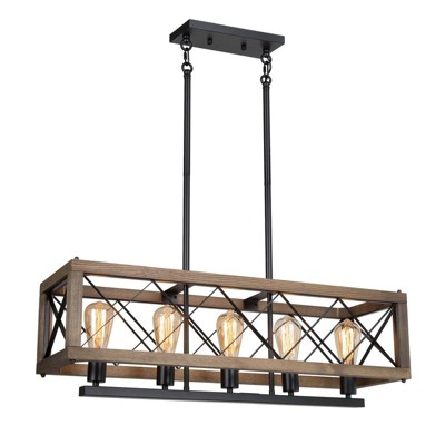 LNC Lucia 5-Lights 32" Modern Farmhouse Rectangle  Kitchen Island Pendant  Lights, Matte Black and Brown Wood