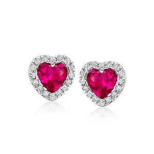 Ross-Simons 1.00 ct. t.w. Simulated Ruby Heart Earrings With .10 ct. t.w. Czs in Sterling Silver - 1 of 3