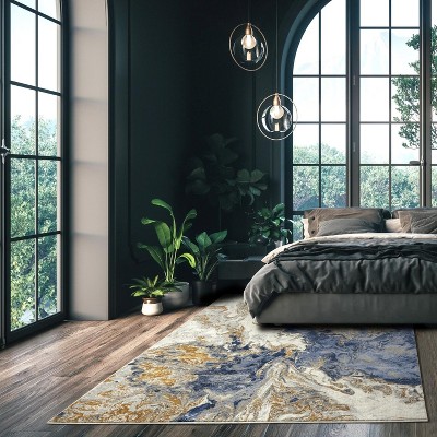 Marble Swirl Abstract Blue Synthetic 5' x 7' Area Rug