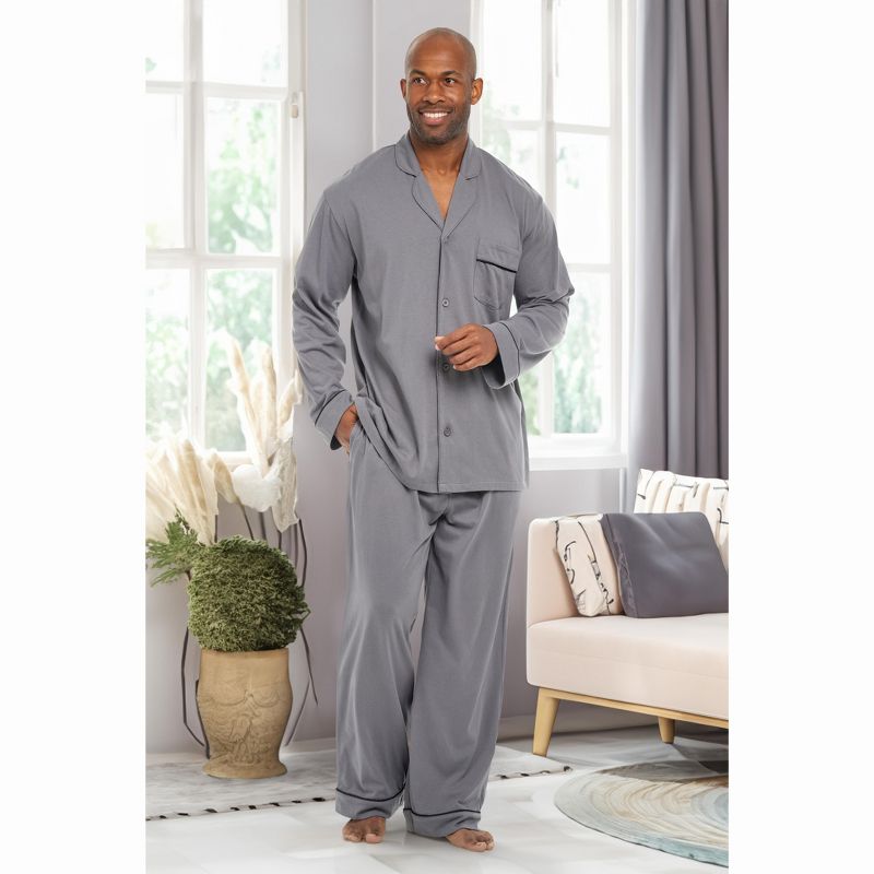 Men's Soft Cotton Knit Jersey Pajamas Lounge Set, Long Sleeve Shirt and Pants with Pockets, 3 of 7