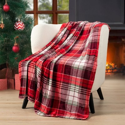 Holiday Plaid Red Fleece Christmas Throw Blanket