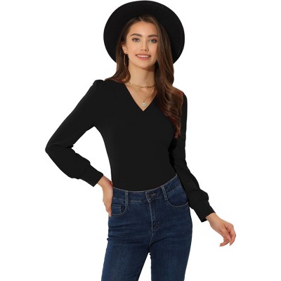 Allegra K Women's Puff Sleeves Vintage Basic V Neck Dressy Casual Blouse