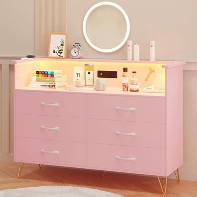 6 Drawers Dresser for Bedroom with LED Lights, Drawer Dressers with Charging Station, Sturdy Storage Chest for Entryway, Closet, Living Room, Hallway