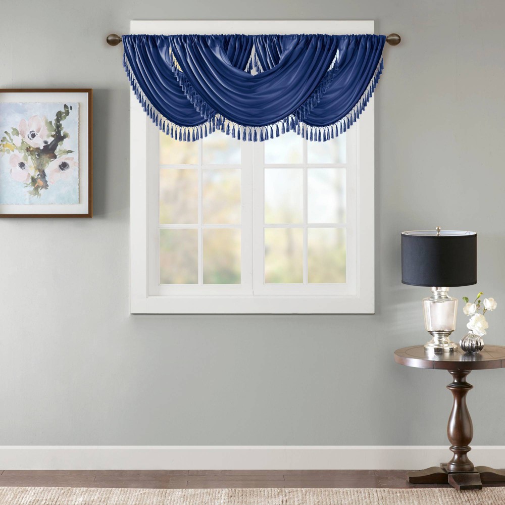 Photos - Curtain Rod / Track 46"x38" Gail Faux Silk Waterfall Embellished Valance Navy