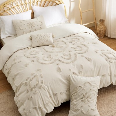 Cotton Duvet Cover Boho Textured Embroidery Jacquard Duvet Cover Set Soft and Breathable Bedding Set for All Seasons