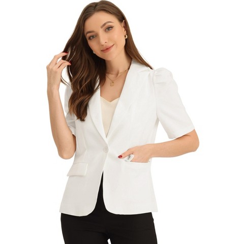 INSPIRE CHIC Women's Lapel Collar Buttoned Summer Work Office Short Sleeve Casual Blazer Jacket White Small