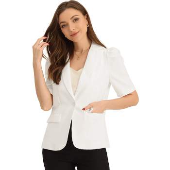 Allegra K Women's Lapel Collar Buttoned Summer Work Office Short Sleeve Casual Blazer Jacket