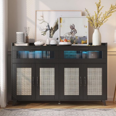 Sideboard Buffet Cabinet With Power Outlet,Kitchen Storage Cabinet With 2 Fluted Acrylic Drawers
