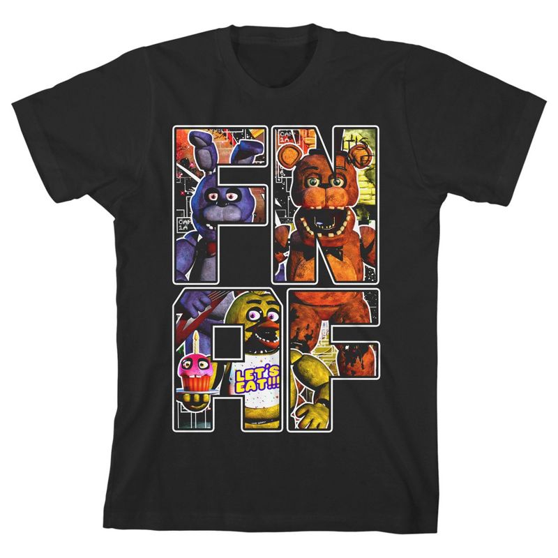 Five Nights At Freddy's FNAF Graphics Boy's Black T-shirt, 1 of 4