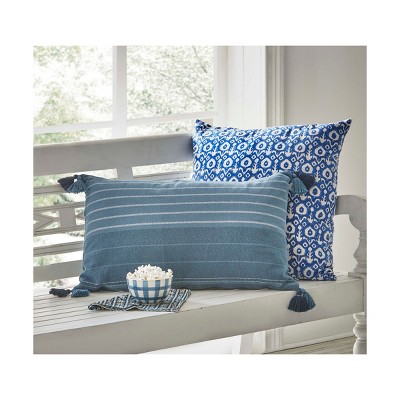 Blue Ikat Flower Block Print Cotton Square Throw Pillow
