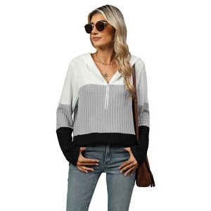 Women Pullover Long Sleeve Half-Zip Color-Block Hoodie Sweater, Gray, XXL - 1 of 4