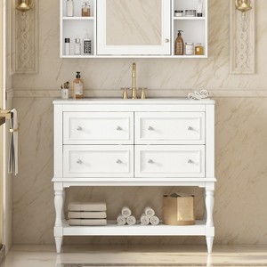 KWPZQEB 36" Modern Bathroom Vanity with Ceramic Basin, Undermount Vanity Sink Cabinet with 4 Drawers and Open Shelf, Wood Bathroom Cabinet - 1 of 4