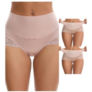 INSPIRE CHIC Women's Hi-Cut Satin High Waisted Lace Trimmed Tummy Control Underpants Briefs 3 Packs - 1 of 4