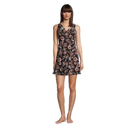 Lands End Women S Chlorine Resistant Tummy Control Surplice Wrap Swim Dress One Piece Swimsuit 14 Black Etched Jacobean Target