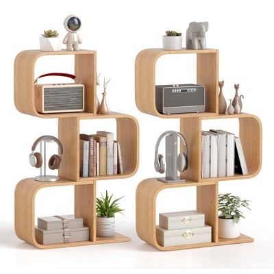 Costway 1/2 PCS 2 Tier S-Shaped Bookcase with 2 Open Cubes Geometric Corner Display Shelf
