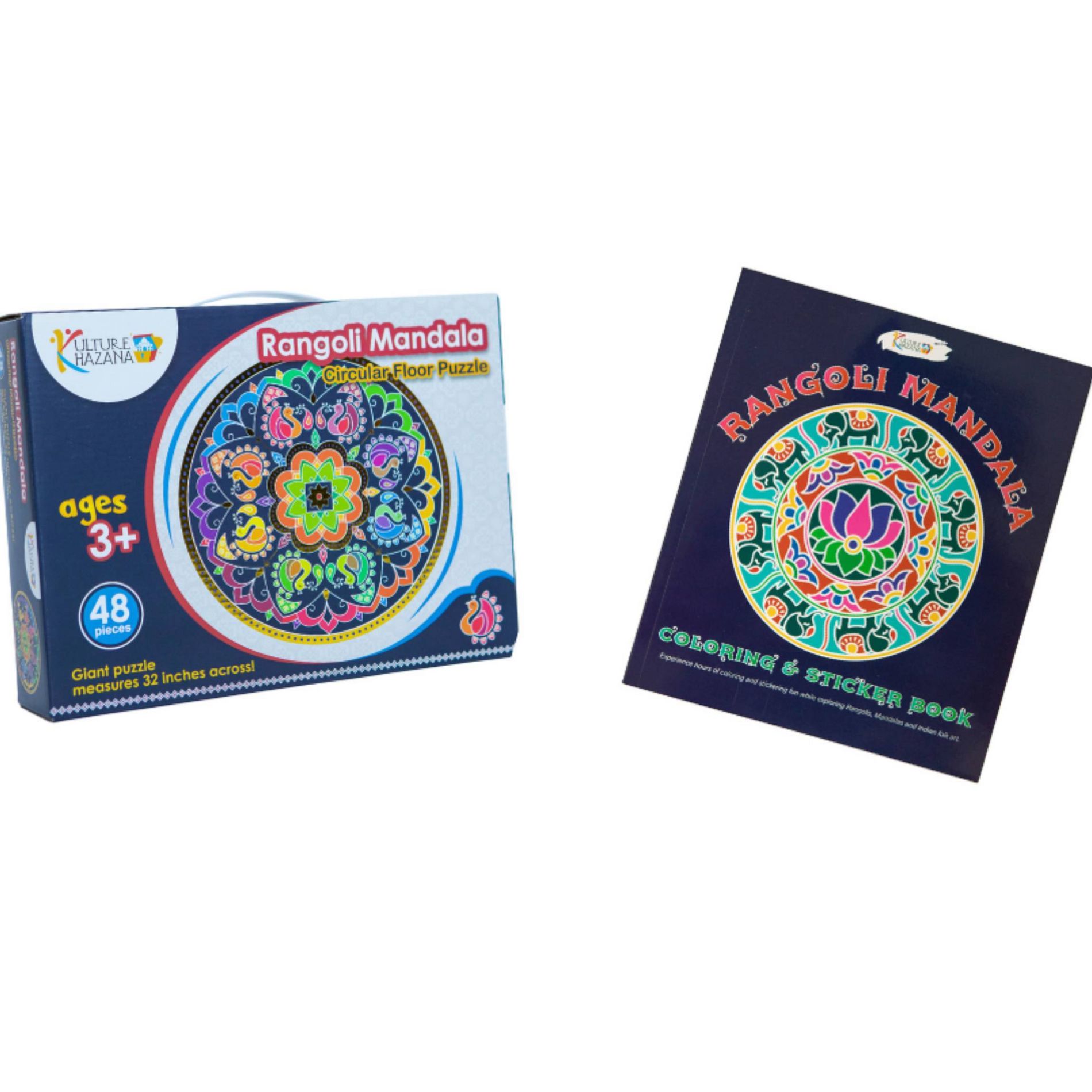 Kulture Khazana Rangoli Mandala Bundle Coloring and Sticker Book with Rangoli Mandala Circular Floor Puzzle - 48pc: Educational Shapes & Colors