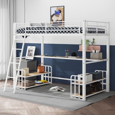 NicBex Twin Size Loft Bed with Desk Metal Bed Frame with 2 2-Layer Storage Shelves, Ladder and Full Length Guardrail, No Box Spring Required