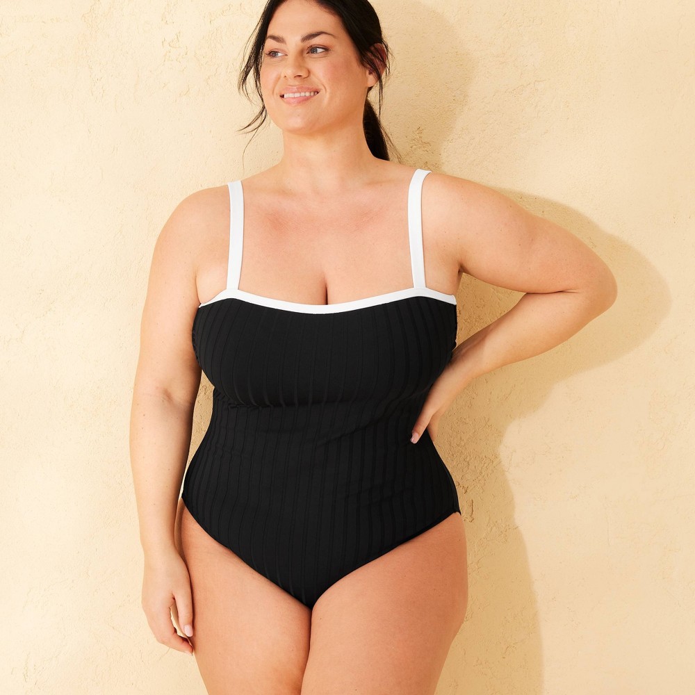 Photos - Swimwear Women's Ribbed Contrast Binding Full Coverage One Piece Swimsuit - Shade & Shore™ Black 22