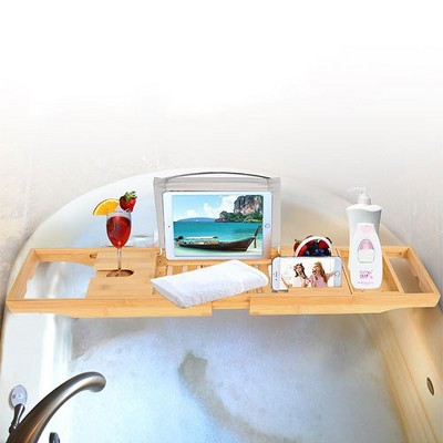 Extendable Natural Bamboo Bathtub Caddy Tray with Wine Holder