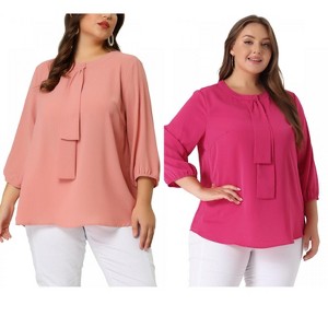 Women's Plus Size 2 Pieces 3/4 Sleeves Round Neck Ruffle Chiffon Work Blouse - Agnes Orinda - 1 of 4