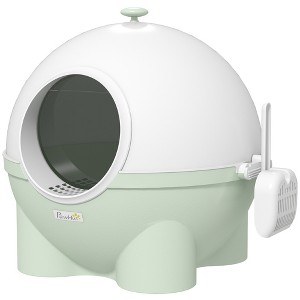 PawHut Hooded Cat Litter Box, Large Kitty Litter Pan with Lid, Scoop, Leaking Sand Pedal, Top Handle, Light Green - 1 of 4