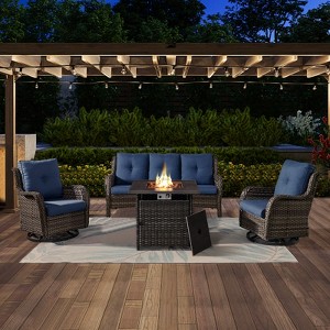 4PCS Patio Furniture Set with Fire Pit Table, Weather-Resistant Wicker Patio Fire Pit Set with Sofa, Swivel Patio Chair and 50000BTU Propane Fire Pit - 1 of 4