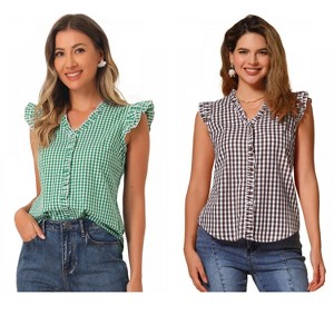 INSPIRE CHIC Women's Cap Sleeve Plaid Gingham Ruffle Shirt 2 Packs - 1 of 4