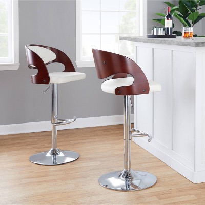 Set of 2 White Faux Leather and Cherry Wood Adjustable Swivel Barstools