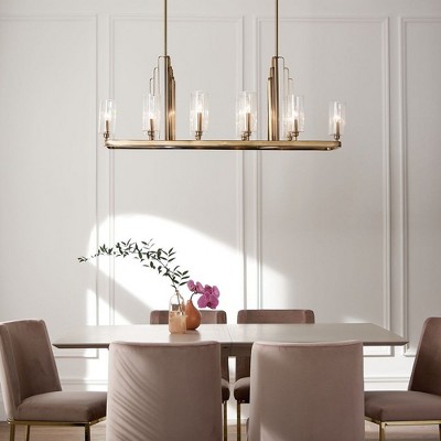 Kimrose Brushed Brass 10-Light Linear Chandelier with Clear Fluted Glass