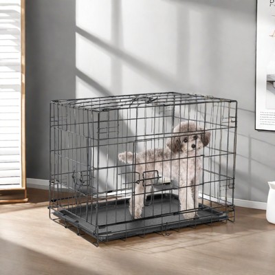 FURNIinspire Pet Crates And Houses Dog Crate With Double Doors, Metal Foldable Pet Cage With Divider Panel And Removable Tray, Black, 36"*23"*24"