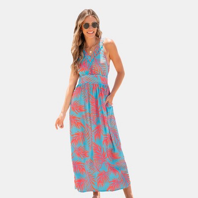 Women's Blue & Red Tropical Sleeveless V-Neck Maxi Dress - Cupshe