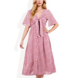 Anna-Kaci Women's Polka Dot Midi Dress with Front Tie Detail Short Sleeves and Button Front Design for a Flattering Fit - 1 of 4