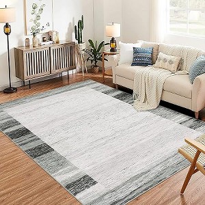 Modern Bordered Area Rug,  Large Soft Indoor Machine Washable Rugs for Living Room Bedroom Non Slip Stain Resistant Non Shedding, Grey - 1 of 4