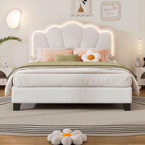 CAVINAS Twin/Full Size Upholstered Platform Bed Frame with Flower-Shaped Headboard & LED Lights,No Box Spring Needed - 1 of 4