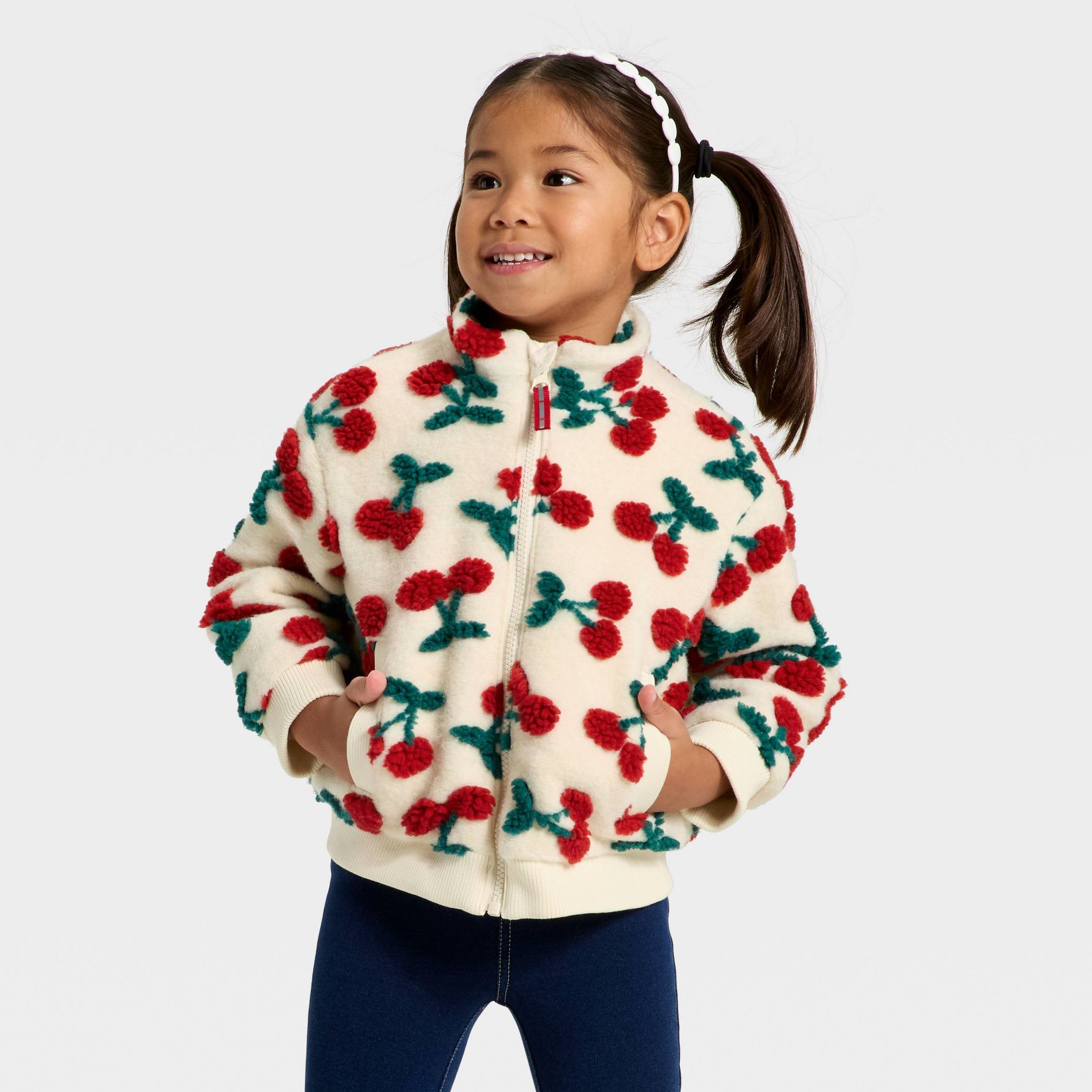 Toddler Girls' Cozy Cherry Jacquard Fleece Jacket - Cat & Jack™ Beige