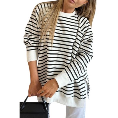 Amaryllis Women’s Striped Drop Shoulder Long Sleeve Crewneck Pullover Relaxed Fit Casual