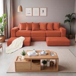 L-Shaped Sectional Sofa, Corner Couch Floor Sleeper, 6 Pillows, DIY Modular - 1 of 4