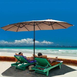 Costway 15' Market Outdoor Umbrella Double-Sided Twin Patio Umbrella with Crank Tan - 1 of 4