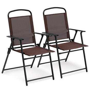 SKONYON 2PCS Patio Folding Dining Chairs Portable Armrest Sling Back Chairs Perfect for Camping Deck Beach Garden Brown