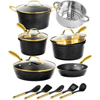 Granitestone Charleston Collection Hammered Black 15-Pc Nonstick Cookware Set with Utensils