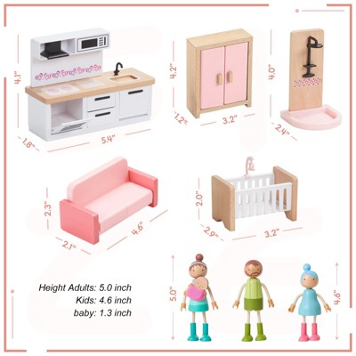 Etokfoks 32pcs Wooden Dollhouse Furniture Set with 4 Dolls for 5 Rooms Living Room Bedroom Kitchen Bathroom Kids Room Pretend Play Toy — фото 7