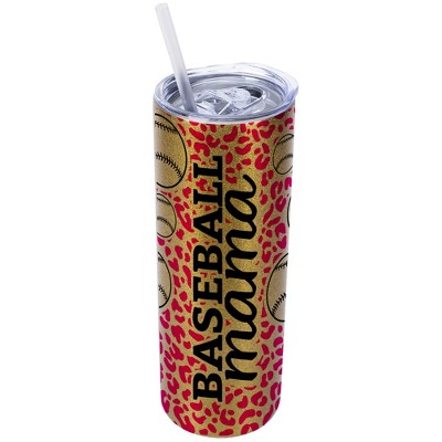 Elanze Designs Leopard Print Hot Pink Vegas Gold 20 Ounce Double Wall Stainless Steel Glitter Travel Tumbler With Sliding Lid And Straw, Baseball Mom