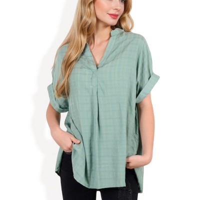 Anna-Kaci Women's Relaxed Fit V-Neck Short Sleeve Top with Cuffed Sleeves Lightweight Loose Casual Blouse