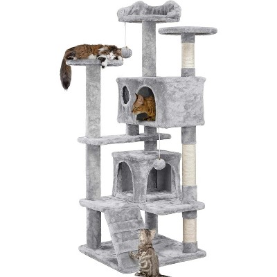 54in Christmas Cat Tree, Tower with Spacious Kitten-Ear Perch, 2 Cozy Caves, Scratching Posts, Climbing Ladde
