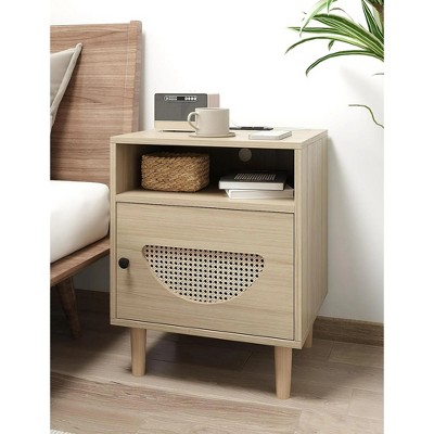 Rattan Nightstand with USB Ports & Power Outlets - Charging Station with 2-Tier Storage, Solid Wood Legs for Bedroom, Living Room, Natural