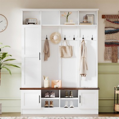 Entryway Hall Tree With Shoe Bench, Multifunctional Coat Rack with 6 Hook,Wood Hallway Coat Hanger with Shoe Storage for Entryway Living Room